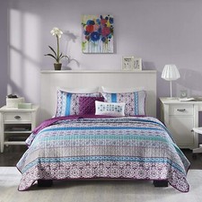 NEW COZY CHIC BLUE TEAL AQUA PURPLE WHITE SOUTHWEST BOHO TROPICAL QUILT SET