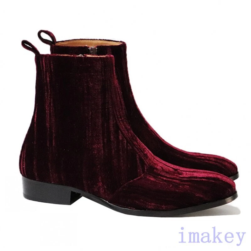 Manual Mens Wine Red Velvet Pointed Toe Chelsea Ankle Boots Leather Riding Shoes |