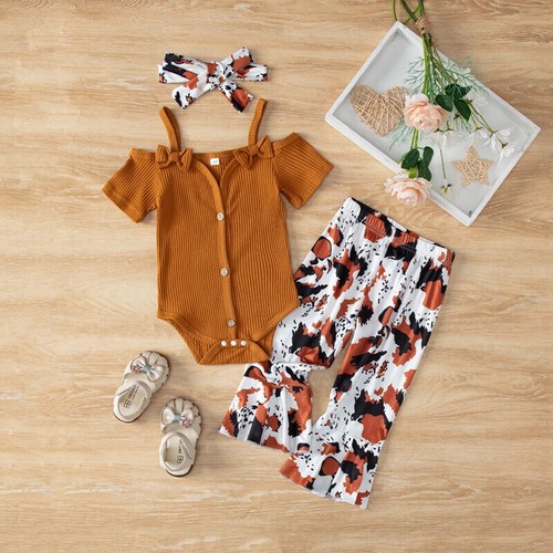 Cow Print Outfits Toddler Baby Girl Short Sleeve Bodysuit Flare Pants Set - Picture 2 of 11