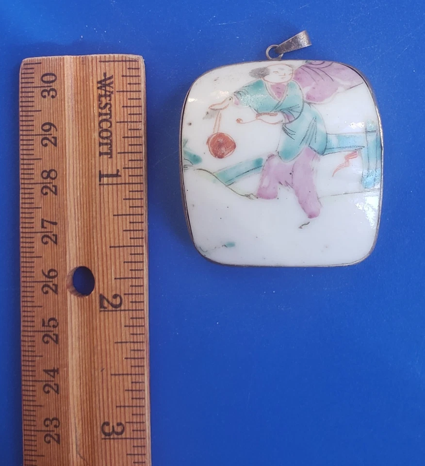 Dije Colgante Vintage Tono Plata Porcelana Cerámica Tema Asiático Foto 4 de 4