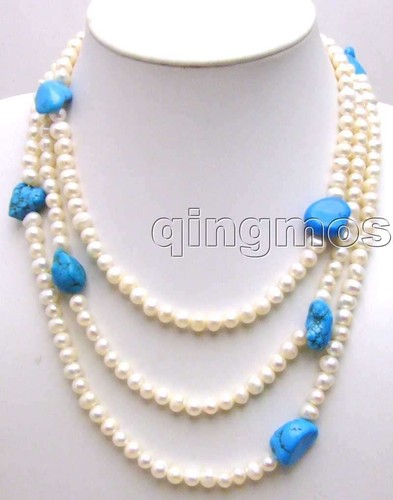 "Collar de perlas blanco natural de 6-7 mm para mujer y collar azul turquesa de 60" de largo" - Imagen 2 de 8