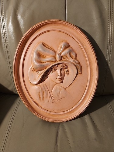 Antique Ceramic Oval Art Lady With Hat Signed 1910 Emma Gillian’s Duncan 11x9