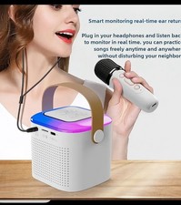 Portable Bluetooth Karaoke System with Microphone, Speaker, White Purple Brown
