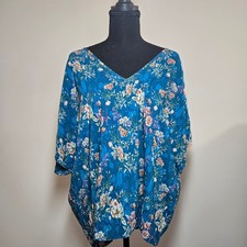 Natural Life Floral Top Womens Medium Teal Blue Boho Dolman Sleeve T12
