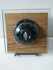 Sargent & Greenleaf Vintage Safe Dial on Lucite Block over Oak Panel on Easel