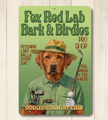 Funny Fox Red Lab Golf Sign Bark & Birdies Metal Labrador Dog Decor Man Cave