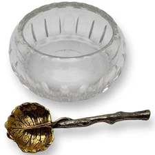 Crystal Open Salt Cellar and Ornate Sterling Salt Spoon