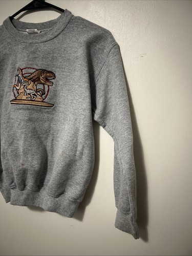 Vtg Embroidered Dinosaur Crewneck Pullover Sweatshirt Youth Small Grey *flawed* - Picture 3 of 10