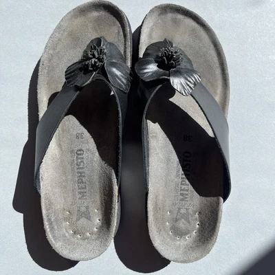 Mephisto Black Leather Thong Womens Sandals Flower Shoes UK 5 - Image 1 of 4