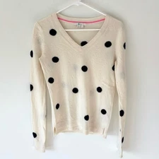 Boden 100% Cashmere V Neck Sweater Cream Navy Blue Polka Dot Preppy Feminine