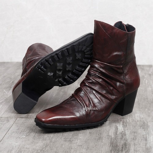 Trendy Genuine Leather Ankle Boots Men's Back Zipper High-heel Work Casual Boots - Picture 4 of 26