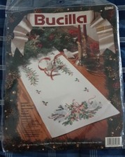 Bucilla Stamped Embroidery Tablerunner Doves Holly Kit Christmas Table Runner