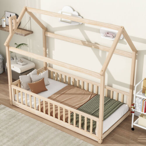 Natural Color Twin Size House Bed with Guardrails Slats Bed Frame