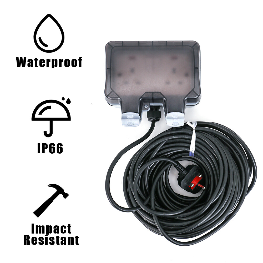 25m Outdoor IP66 Garden Extension Lead Socket Box IP66 Rated Black