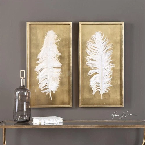 Uttermost White Feathers Wood Shadow Box in Gold/White (Set of 2) - Picture 2 of 3