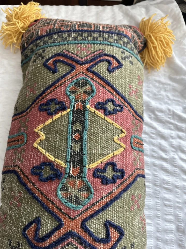 Surya Teius Boho Wool Embroidered Rectangular Throw Cotton Pillow New - Image 3 of 4