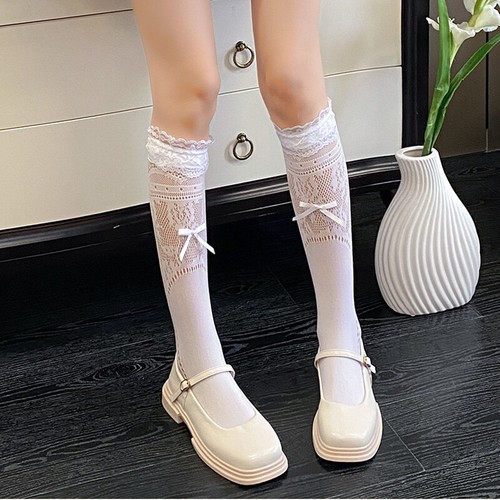 Sweet Lolita Bow Socks Lace Calf Socks Summer Mary Jane Stretch Fishnet Stocking - Picture 5 of 12