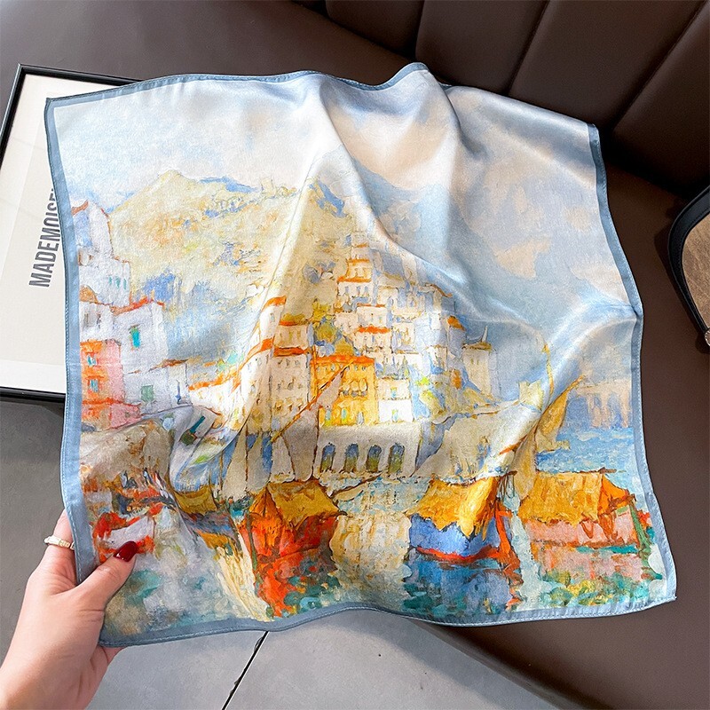 100% Mulberry Silk Square Scarf for Women Blue Oil Painting Design 53x53cm Neck Wrap