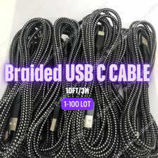 100 Pack Lot Braided USB Type-C Fast Charging Data SYNC Charger Cable Cord 10FT