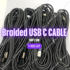 100 Pack Lot Braided USB Type-C Fast Charging Data SYNC Charger Cable Cord 10FT