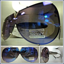 Oversized VINTAGE RETRO SHIELD Style Party DJ Rave Club SUN GLASSES Flat Lens
