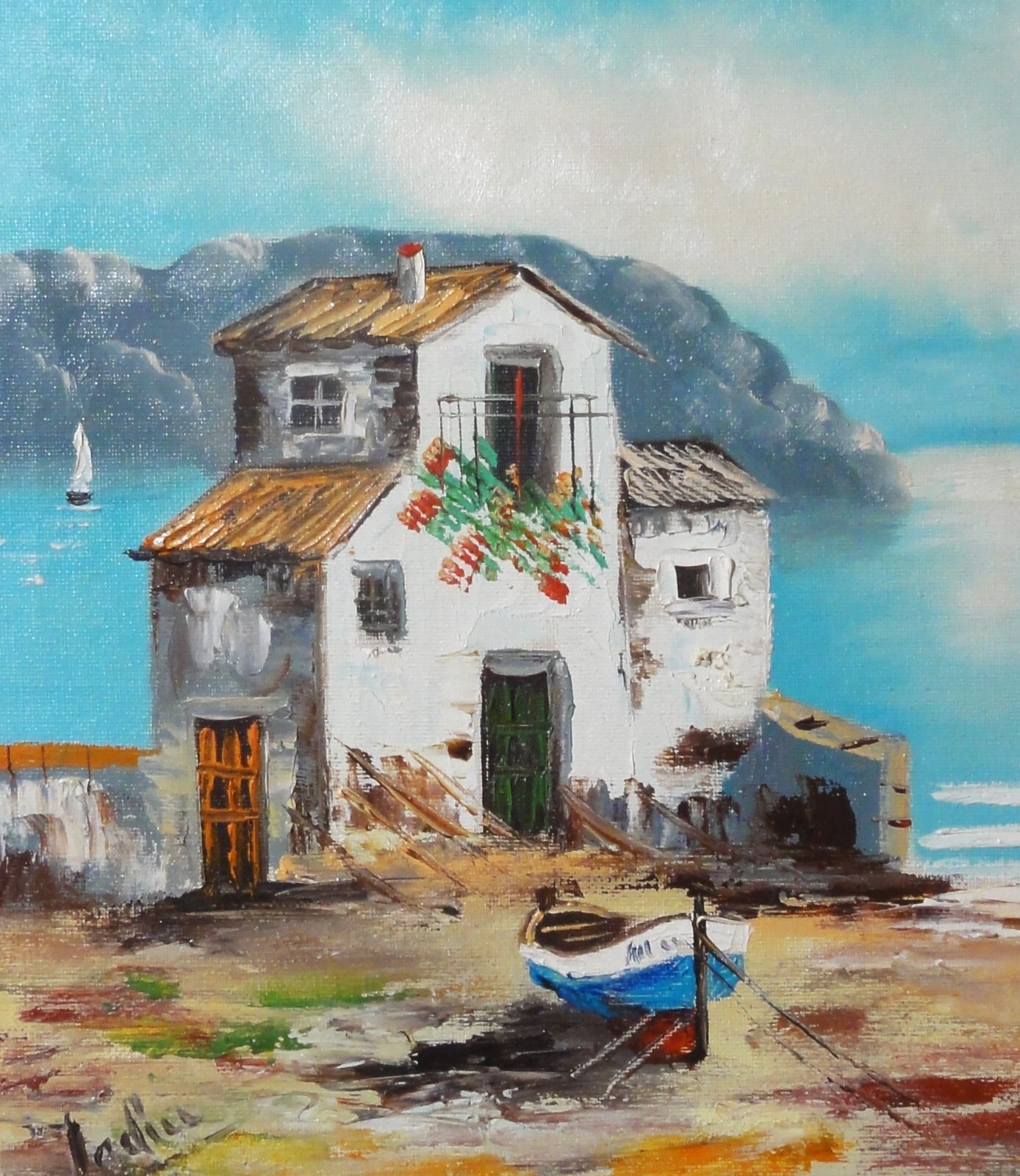 Jadin (XX) TOP PINTURA MALLORCA 1983: RESIDENCIAL CON BARCO DIRECTAMENTE EN LA COSTA