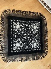 Piano Shawl Canton Flamenco Manton Silk Embroidery Flower Bird Fringe Black