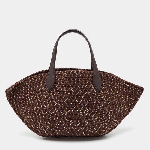 Loro Piana Dark BrownGold Woven Canvas and Leather Beach Bag