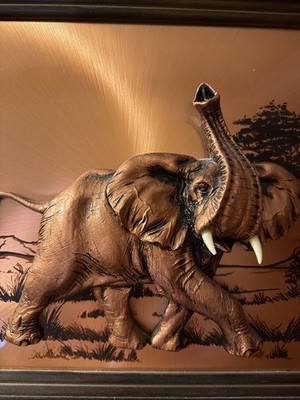 1985 JOHN RAYA Elephant 象オブジェ USA製 ビンテージ John Louw Signed 3D Copper Wall Art African Elephant Trunk Up 3D