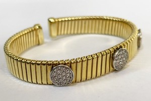 Authentic Italian 925 Sterling Silver Gold Plated Bracelet Pave Zircon Stones Ribbed Cuff