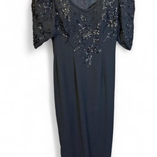 Vintage Jovani Black Beaded Floral Maxi Dress with Back slit  size 10