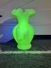 Vintage Fenton Satin Custard Uranium Hand Painted Signed Bud Vase Daisies Melon