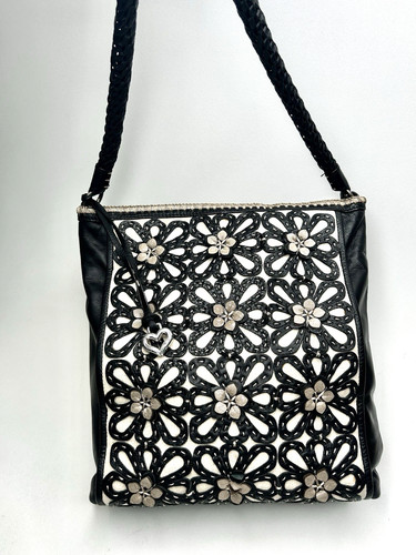 BRIGHTON Gloria Tote Shoulder Bag Black Soft Leather 3D Flowers