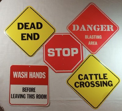 5 VINTAGE PRINGLES PROMO ADVERTISING SIGNS-STOP DEAD END BLASTING AREA CATTLE