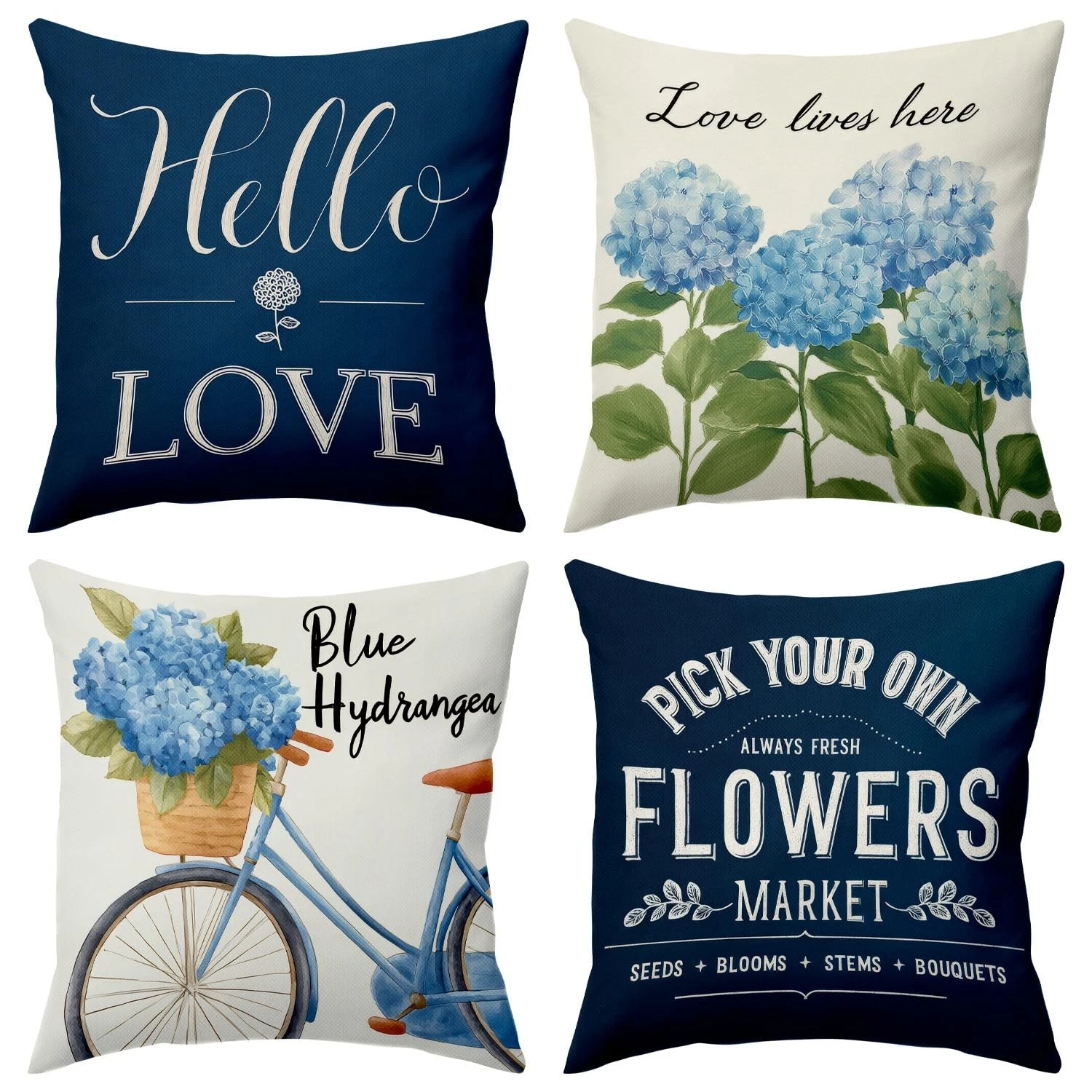 Spring Summer Throw Pillow Covers 18x18, Blue Hydrangea Flower Floral Pillow ...