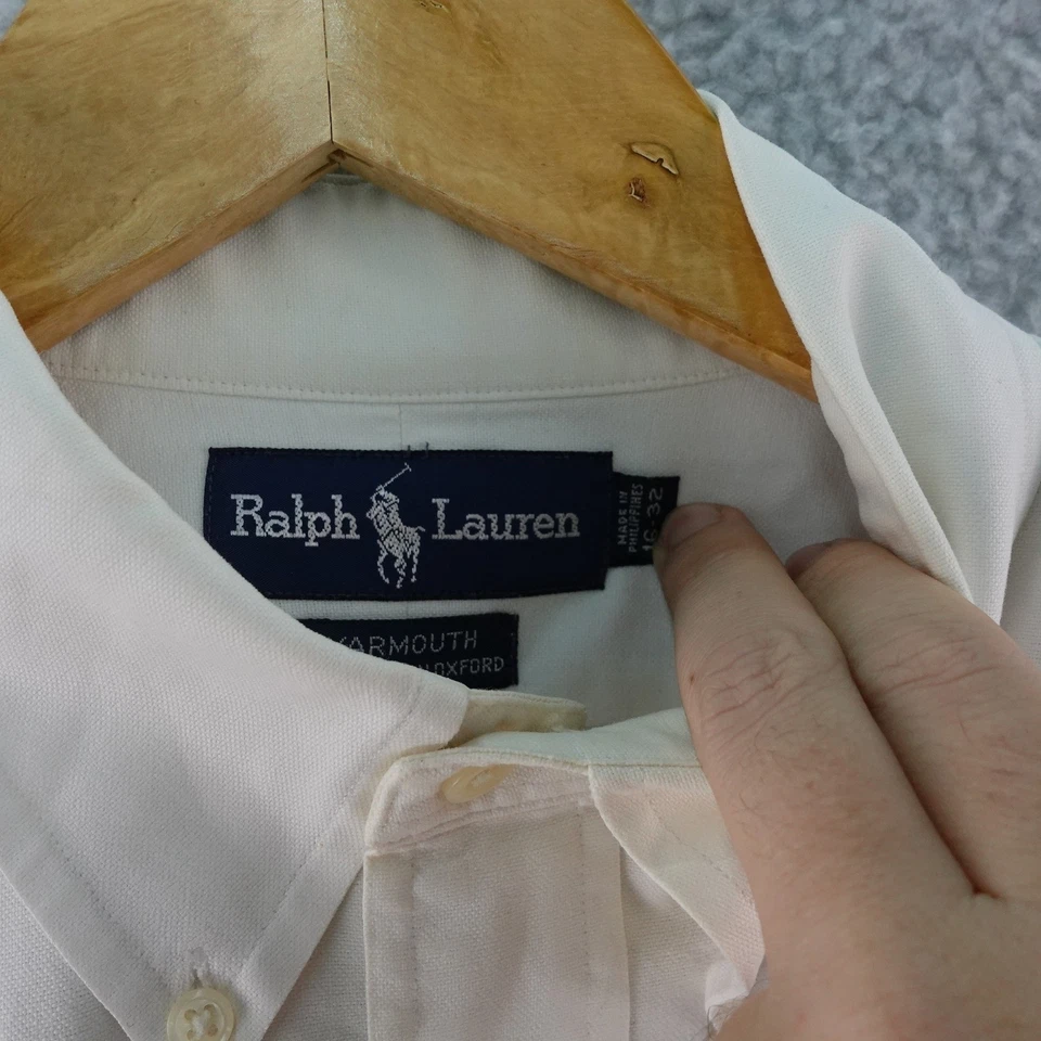Camisa Polo Ralph Lauren De Colección Para Hombres 16x32 Blanca Manga Larga Con Botones Preppy Foto 4 de 4