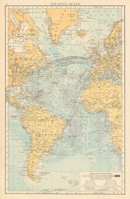 Atlantik zeigt Tiefen & Telegraphenkabel. DIE ZEIT 1895 alte Karte