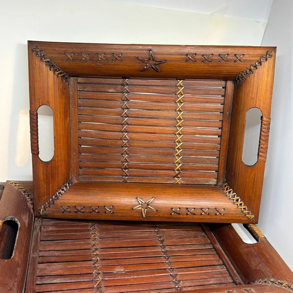 Set of Three Vintage Handmade Nested Bamboo Trays - Image 4 of 4