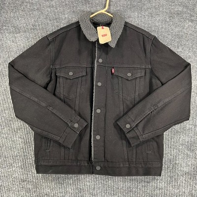 Levis Denim Sherpa Lined Jacket Coat Mens Medium Black Long Sleeve Button New