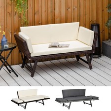 2 in 1 Rattan Folding Daybed Sofa Bench Garden Chaise Lounger w/Cushion