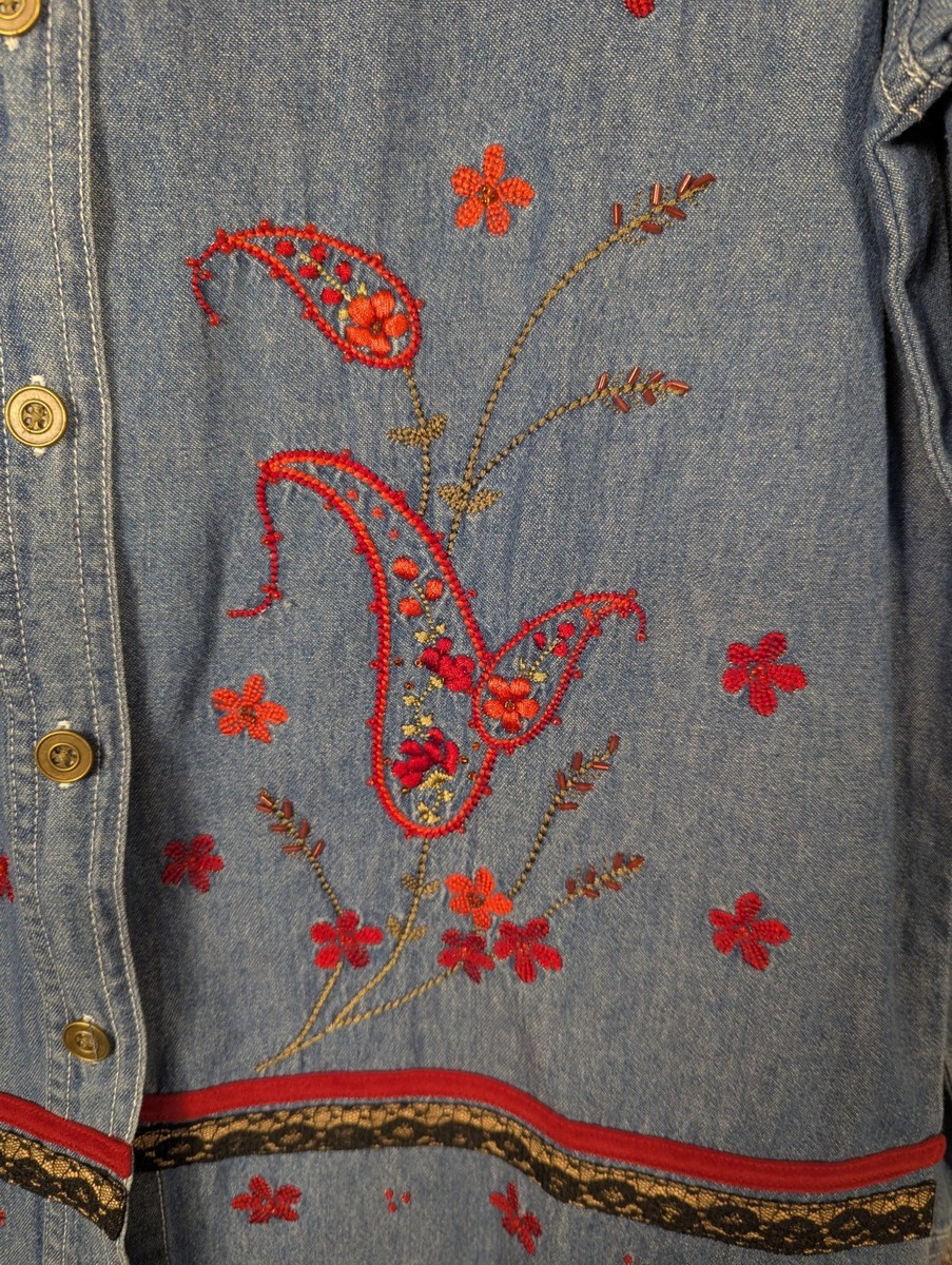 Quizz Again & Co Denim Long Sleeve Embroidered Shirt Womens Small View 5