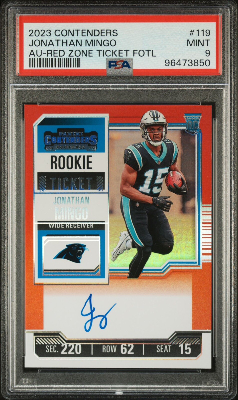 2023 Contenders Jonathan Mingo FOTL RED ZONE Rookie Ticket Auto Panthers