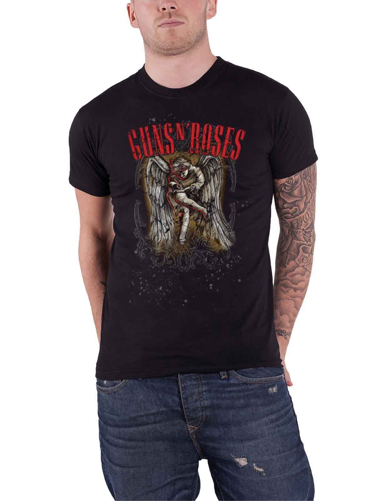 Guns N Roses Official Black T-Shirt with Sketched Cherub Band Logo for Men