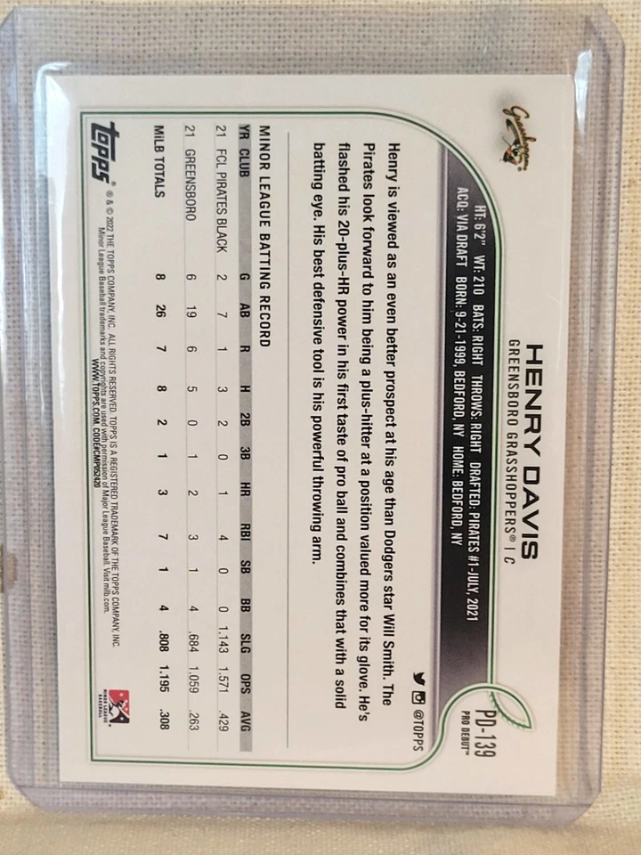 Henry Davis, Pittsburgh Pirates, 2022 Topps Pro Debut Base #PD-139 🇬 - Image 3 of 3