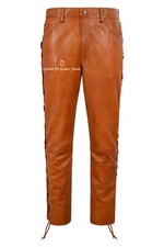 Herren Biker Lederhose hellbraun Wachs geschnürt Motorrad Stil 100% Napa Hose Pant