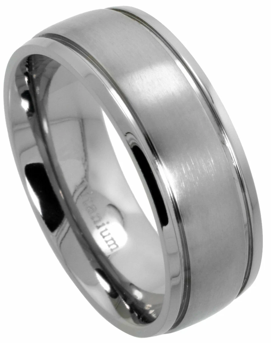 8mm Titanium Ring Men Women Wedding Band 2 Grooves Brushed Center