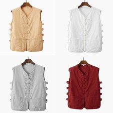 Men Cotton Linen Vest Waistcoat Sleeveless Tank Tops Chinese Taichi Kungfu Retro