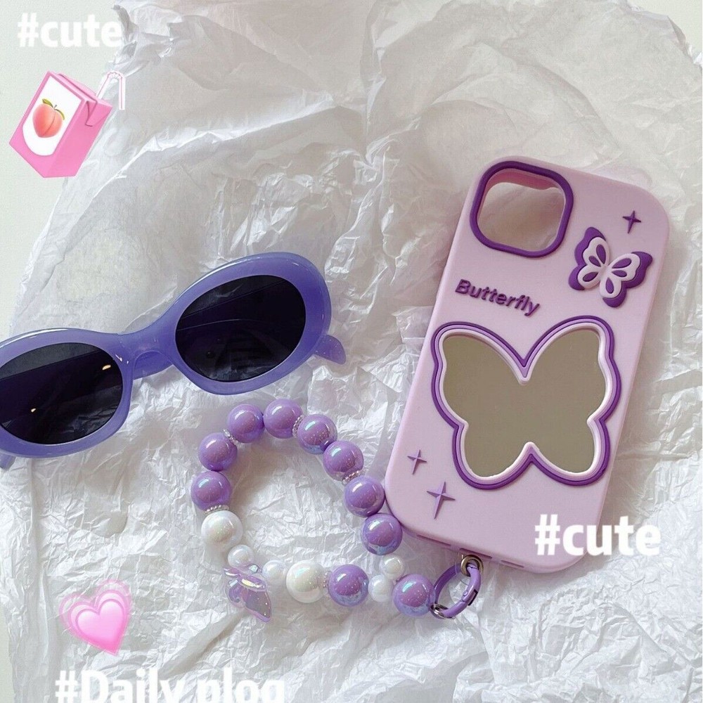 Cute Purple Butterfly Mirror Case with Chain for iPhone 15 14 13 12 11  