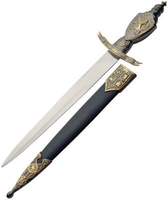 Lion Crusader Knife 9.25'' Stainless Dagger Blade Black/Gold Zinc Alloy Handle