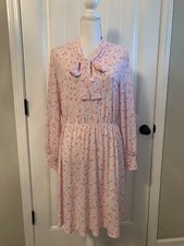 New Adrianna Papell Tie Neck Long Sleeve Knit Dress Ivory/Salsa Painted Ditsy L